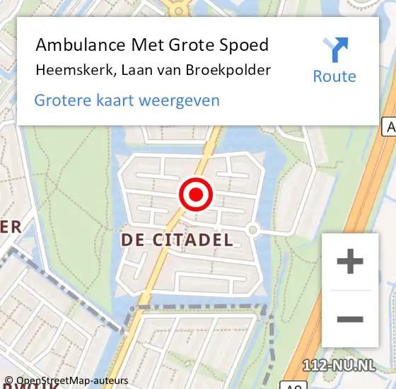 Locatie op kaart van de 112 melding: Ambulance Met Grote Spoed Naar Heemskerk, Laan van Broekpolder op 15 oktober 2023 22:41