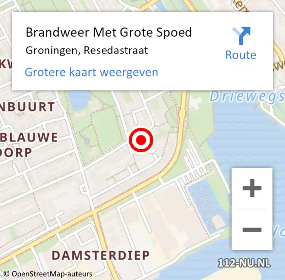 Locatie op kaart van de 112 melding: Brandweer Met Grote Spoed Naar Groningen, Resedastraat op 15 oktober 2023 23:22