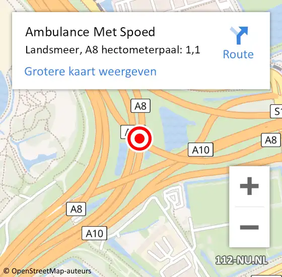 Locatie op kaart van de 112 melding: Ambulance Met Spoed Naar Landsmeer, A8 hectometerpaal: 1,1 op 16 oktober 2023 03:16