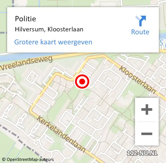 Locatie op kaart van de 112 melding: Politie Hilversum, Kloosterlaan op 16 oktober 2023 04:19