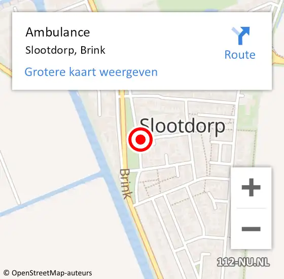 Locatie op kaart van de 112 melding: Ambulance Slootdorp, Brink op 16 oktober 2023 06:38