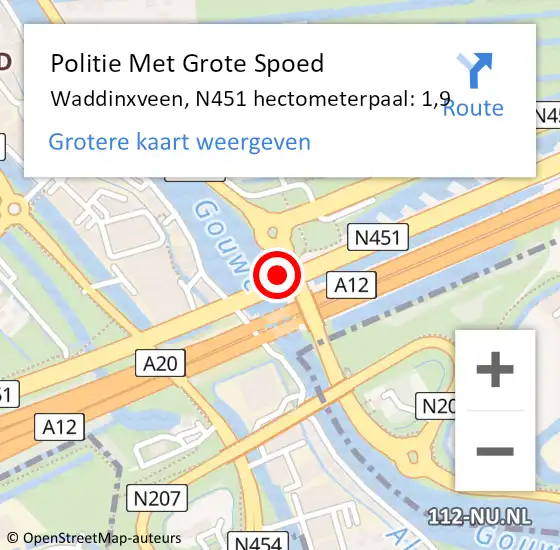 Locatie op kaart van de 112 melding: Politie Met Grote Spoed Naar Waddinxveen, N451 hectometerpaal: 1,9 op 16 oktober 2023 07:31