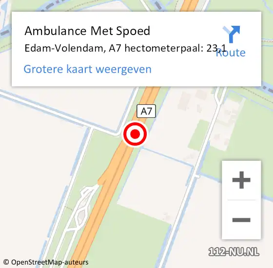 Locatie op kaart van de 112 melding: Ambulance Met Spoed Naar Edam-Volendam, A7 hectometerpaal: 23,1 op 16 oktober 2023 08:13