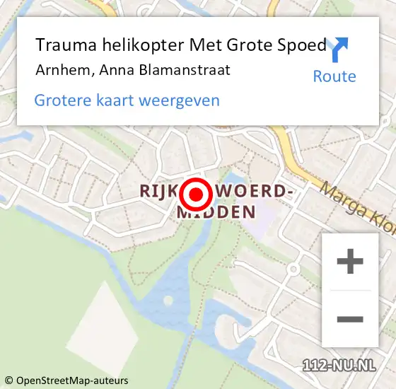 Locatie op kaart van de 112 melding: Trauma helikopter Met Grote Spoed Naar Arnhem, Anna Blamanstraat op 16 oktober 2023 10:00