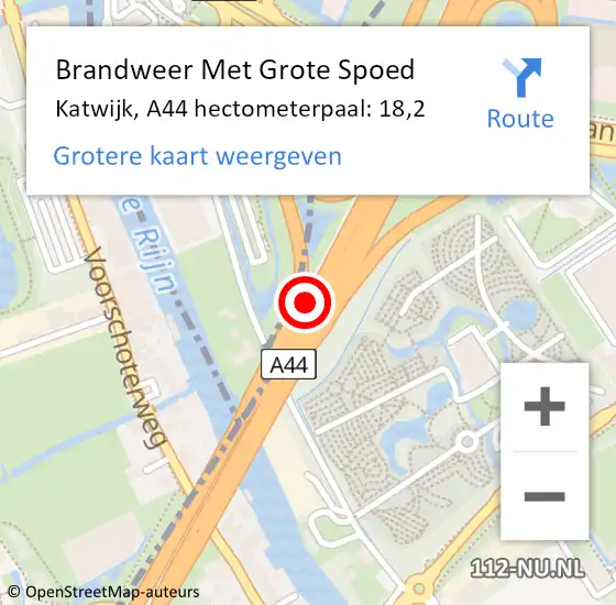 Locatie op kaart van de 112 melding: Brandweer Met Grote Spoed Naar Katwijk, A44 hectometerpaal: 18,2 op 16 oktober 2023 14:30