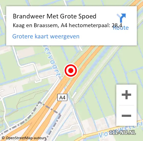 Locatie op kaart van de 112 melding: Brandweer Met Grote Spoed Naar Kaag en Braassem, A4 hectometerpaal: 28,4 op 16 oktober 2023 14:46