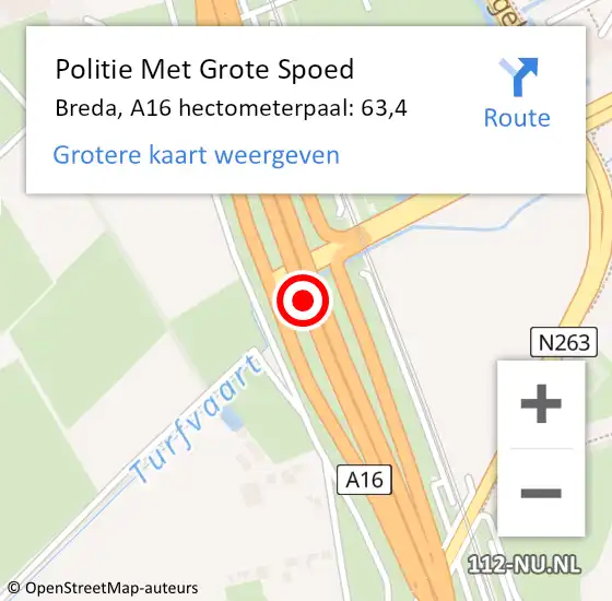 Locatie op kaart van de 112 melding: Politie Met Grote Spoed Naar Breda, A16 hectometerpaal: 63,4 op 16 oktober 2023 15:02