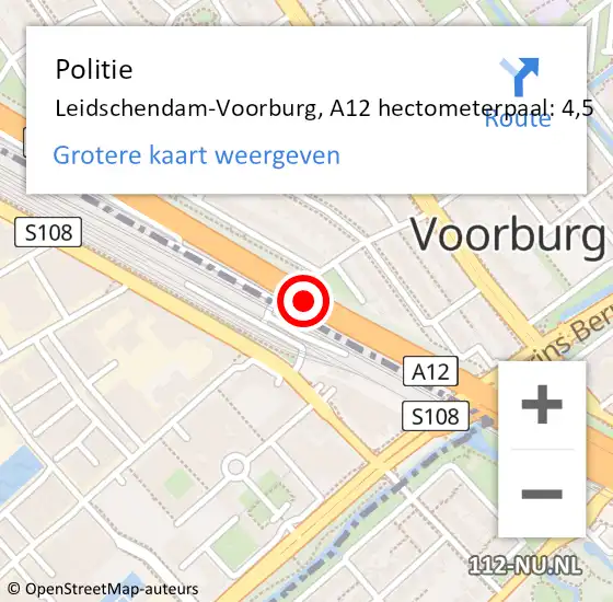 Locatie op kaart van de 112 melding: Politie Leidschendam-Voorburg, A12 hectometerpaal: 4,5 op 16 oktober 2023 16:56