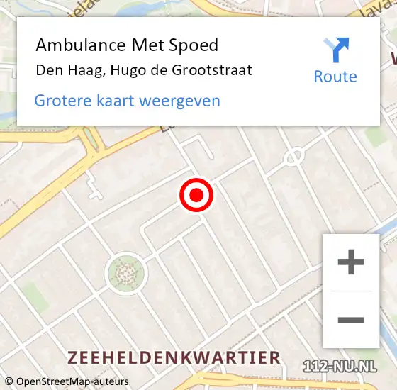 Locatie op kaart van de 112 melding: Ambulance Met Spoed Naar Den Haag, Hugo de Grootstraat op 16 oktober 2023 17:14