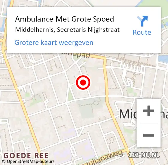 Locatie op kaart van de 112 melding: Ambulance Met Grote Spoed Naar Middelharnis, Secretaris Nijghstraat op 16 oktober 2023 17:36