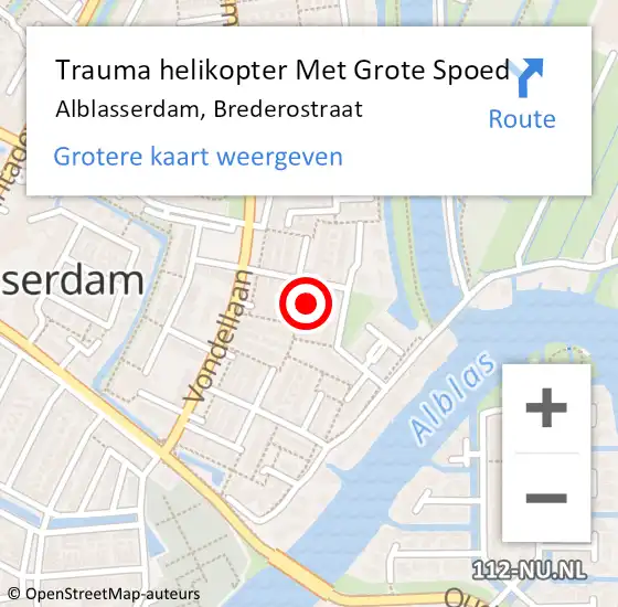 Locatie op kaart van de 112 melding: Trauma helikopter Met Grote Spoed Naar Alblasserdam, Brederostraat op 16 oktober 2023 18:06