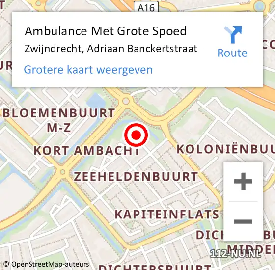 Locatie op kaart van de 112 melding: Ambulance Met Grote Spoed Naar Zwijndrecht, Adriaan Banckertstraat op 16 oktober 2023 19:55