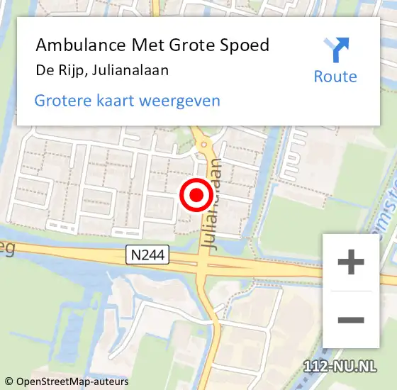 Locatie op kaart van de 112 melding: Ambulance Met Grote Spoed Naar De Rijp, Julianalaan op 16 oktober 2023 20:35