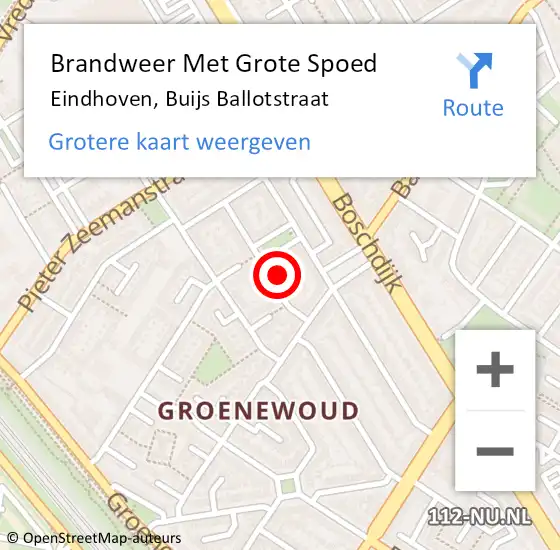 Locatie op kaart van de 112 melding: Brandweer Met Grote Spoed Naar Eindhoven, Buijs Ballotstraat op 16 oktober 2023 22:58