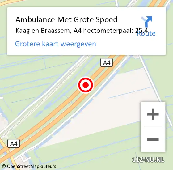 Locatie op kaart van de 112 melding: Ambulance Met Grote Spoed Naar Kaag en Braassem, A4 hectometerpaal: 25,4 op 17 oktober 2023 09:12