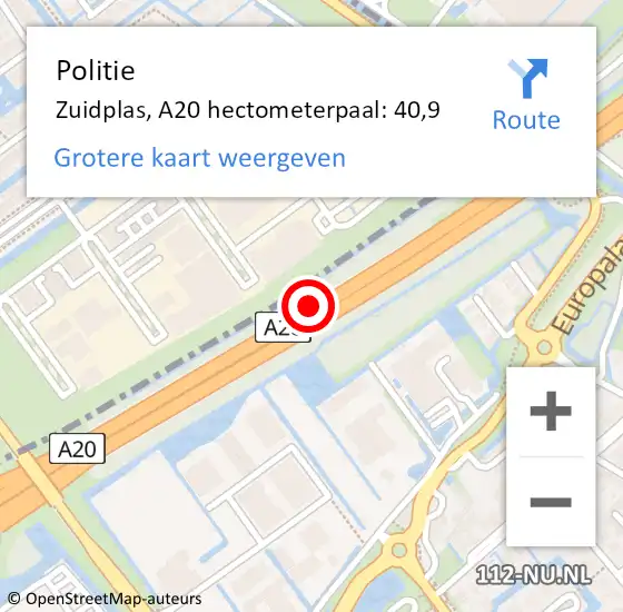 Locatie op kaart van de 112 melding: Politie Zuidplas, A20 hectometerpaal: 40,9 op 17 oktober 2023 13:14