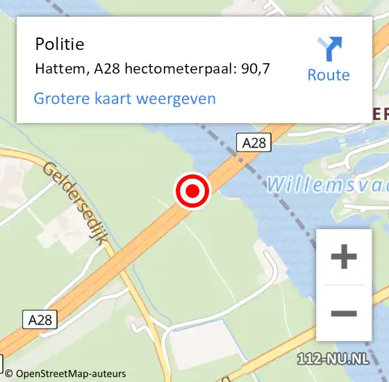 Locatie op kaart van de 112 melding: Politie Hattem, A28 hectometerpaal: 90,7 op 17 oktober 2023 14:02