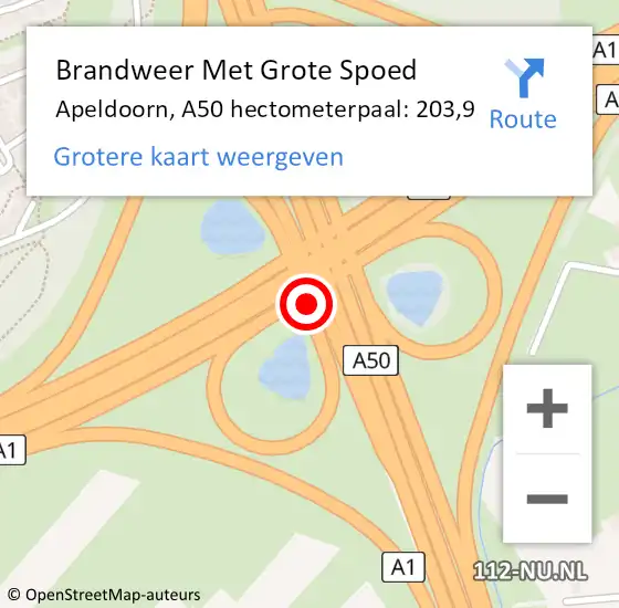 Locatie op kaart van de 112 melding: Brandweer Met Grote Spoed Naar Apeldoorn, A50 hectometerpaal: 203,9 op 17 oktober 2023 15:10