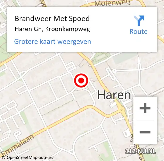 Locatie op kaart van de 112 melding: Brandweer Met Spoed Naar Haren Gn, Kroonkampweg op 17 oktober 2023 15:27