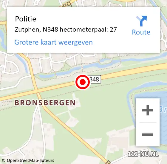 Locatie op kaart van de 112 melding: Politie Zutphen, N348 hectometerpaal: 27 op 17 oktober 2023 16:09