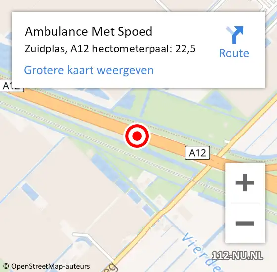 Locatie op kaart van de 112 melding: Ambulance Met Spoed Naar Zuidplas, A12 hectometerpaal: 22,5 op 17 oktober 2023 16:17