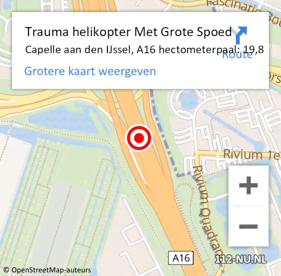 Locatie op kaart van de 112 melding: Trauma helikopter Met Grote Spoed Naar Capelle aan den IJssel, A16 hectometerpaal: 19,8 op 17 oktober 2023 16:54