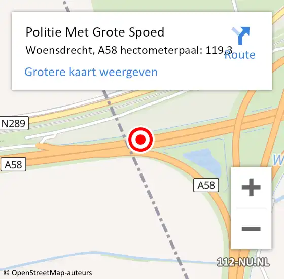 Locatie op kaart van de 112 melding: Politie Met Grote Spoed Naar Woensdrecht, A58 hectometerpaal: 119,3 op 17 oktober 2023 17:16