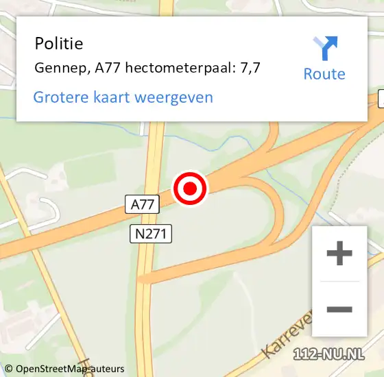 Locatie op kaart van de 112 melding: Politie Gennep, A77 hectometerpaal: 7,7 op 17 oktober 2023 17:55