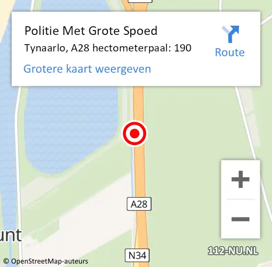 Locatie op kaart van de 112 melding: Politie Met Grote Spoed Naar Tynaarlo, A28 hectometerpaal: 190 op 17 oktober 2023 18:07