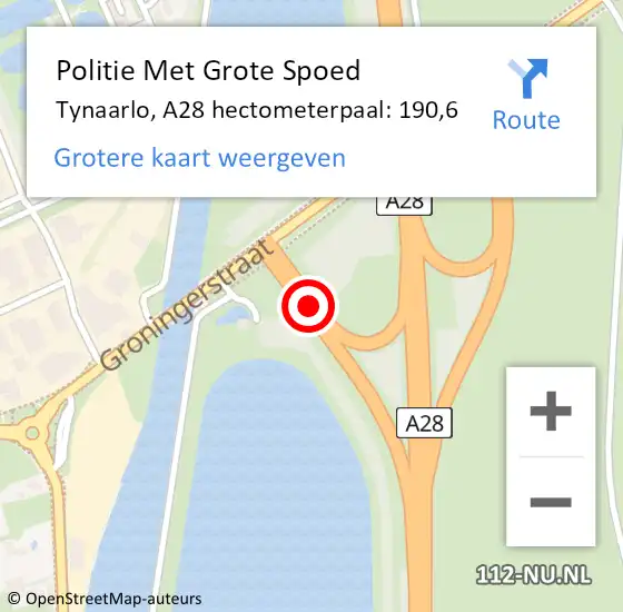 Locatie op kaart van de 112 melding: Politie Met Grote Spoed Naar Tynaarlo, A28 hectometerpaal: 190,6 op 17 oktober 2023 18:10