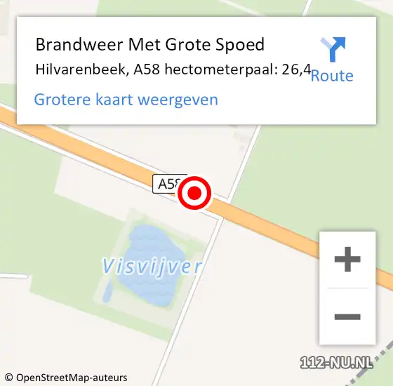 Locatie op kaart van de 112 melding: Brandweer Met Grote Spoed Naar Hilvarenbeek, A58 hectometerpaal: 26,4 op 17 oktober 2023 18:11