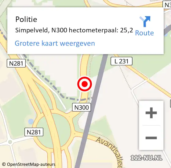 Locatie op kaart van de 112 melding: Politie Simpelveld, N300 hectometerpaal: 25,2 op 17 oktober 2023 18:14