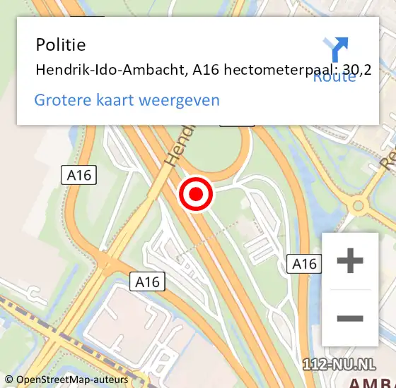 Locatie op kaart van de 112 melding: Politie Hendrik-Ido-Ambacht, A16 hectometerpaal: 30,2 op 17 oktober 2023 18:16