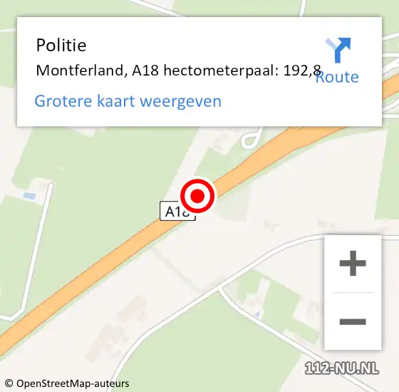Locatie op kaart van de 112 melding: Politie Montferland, A18 hectometerpaal: 192,8 op 17 oktober 2023 22:22