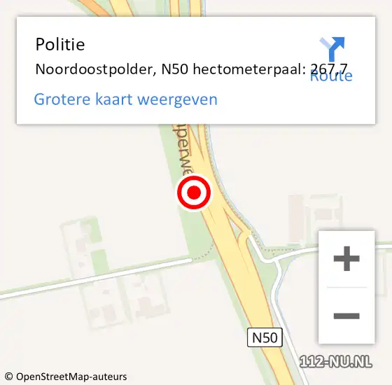 Locatie op kaart van de 112 melding: Politie Noordoostpolder, N50 hectometerpaal: 267,7 op 17 oktober 2023 22:26