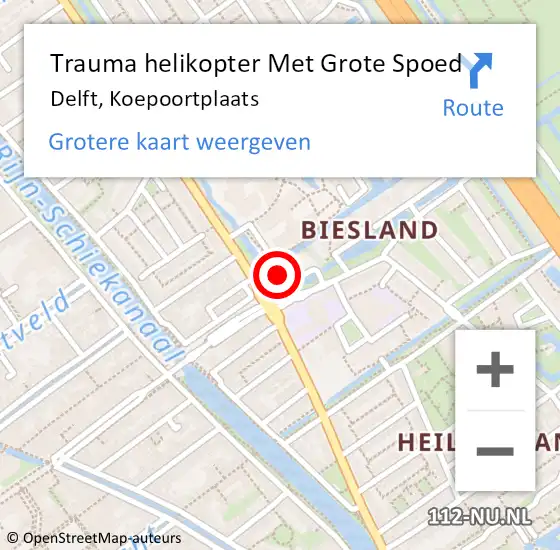 Locatie op kaart van de 112 melding: Trauma helikopter Met Grote Spoed Naar Delft, Koepoortplaats op 17 oktober 2023 23:58