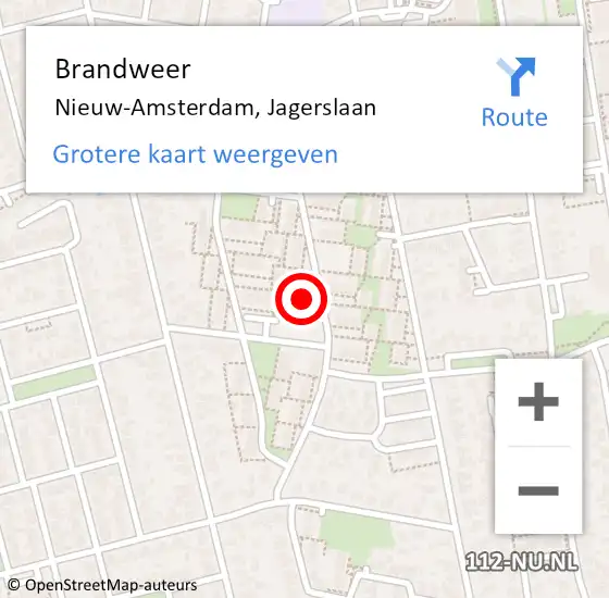 Locatie op kaart van de 112 melding: Brandweer Nieuw-Amsterdam, Jagerslaan op 18 oktober 2023 04:02