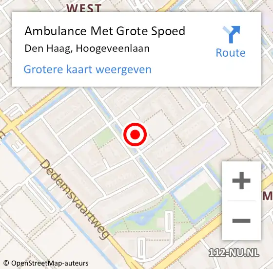 Locatie op kaart van de 112 melding: Ambulance Met Grote Spoed Naar Den Haag, Hoogeveenlaan op 18 oktober 2023 05:15