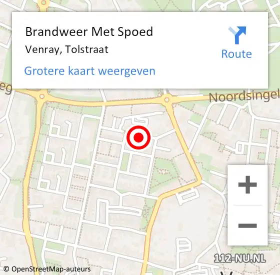 Locatie op kaart van de 112 melding: Brandweer Met Spoed Naar Venray, Tolstraat op 18 oktober 2023 06:24