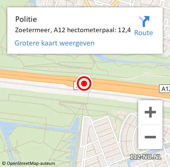 Locatie op kaart van de 112 melding: Politie Zoetermeer, A12 hectometerpaal: 12,4 op 18 oktober 2023 06:43