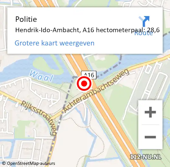 Locatie op kaart van de 112 melding: Politie Hendrik-Ido-Ambacht, A16 hectometerpaal: 28,6 op 18 oktober 2023 07:09