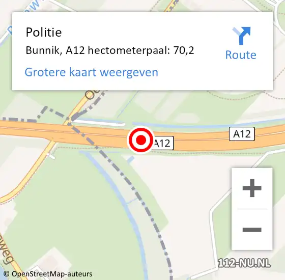 Locatie op kaart van de 112 melding: Politie Bunnik, A12 hectometerpaal: 70,2 op 18 oktober 2023 07:37