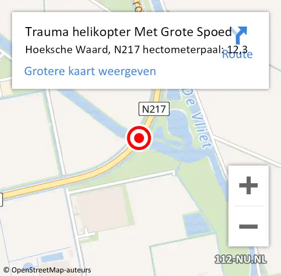 Locatie op kaart van de 112 melding: Trauma helikopter Met Grote Spoed Naar Hoeksche Waard, N217 hectometerpaal: 12,3 op 18 oktober 2023 07:40