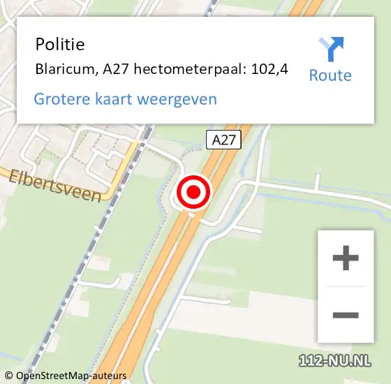 Locatie op kaart van de 112 melding: Politie Blaricum, A27 hectometerpaal: 102,4 op 18 oktober 2023 09:11