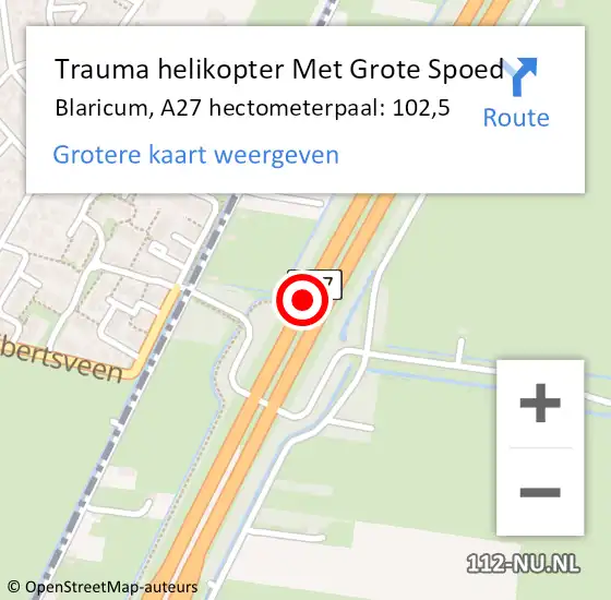 Locatie op kaart van de 112 melding: Trauma helikopter Met Grote Spoed Naar Blaricum, A27 hectometerpaal: 102,5 op 18 oktober 2023 09:13
