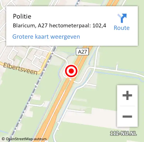 Locatie op kaart van de 112 melding: Politie Blaricum, A27 hectometerpaal: 102,4 op 18 oktober 2023 09:14