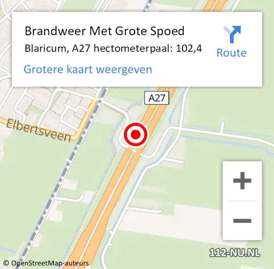 Locatie op kaart van de 112 melding: Brandweer Met Grote Spoed Naar Blaricum, A27 hectometerpaal: 102,4 op 18 oktober 2023 09:14