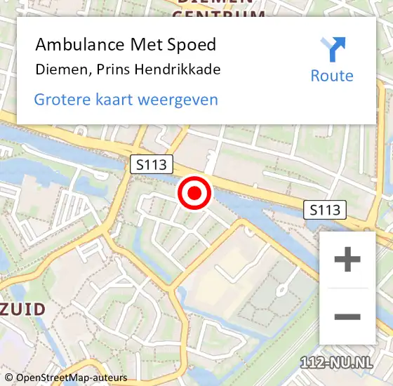 Locatie op kaart van de 112 melding: Ambulance Met Spoed Naar Diemen, Prins Hendrikkade op 18 oktober 2023 09:19