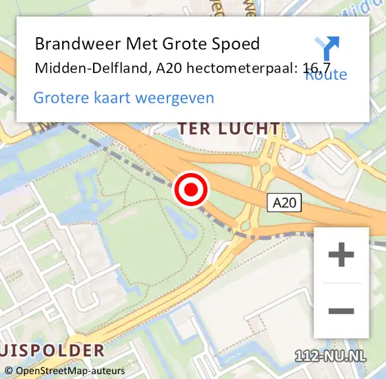 Locatie op kaart van de 112 melding: Brandweer Met Grote Spoed Naar Midden-Delfland, A20 hectometerpaal: 16,7 op 18 oktober 2023 10:41