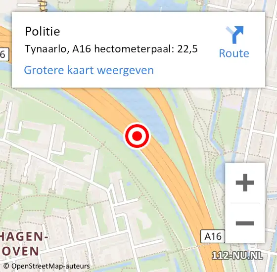 Locatie op kaart van de 112 melding: Politie Krimpen aan den IJssel, A16 hectometerpaal: 22,5 op 18 oktober 2023 14:25